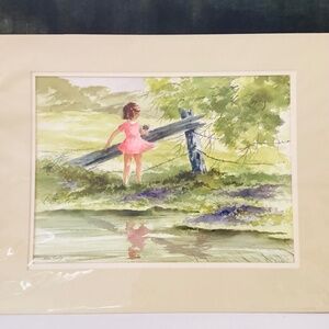 Original Watercolor Painting Little Girl W/Flowers Artist Signed Matted Sealed